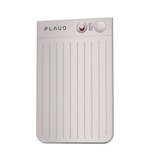 PLAUD NOTE Starlight voice recorder in light metal with ribbed front, rounded corners, logo, control and button at the top.