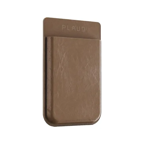 PLAUD NOTE brown case with smooth leather-like surface, rounded corners and embossed PLAUD logo on top with narrow profile and flat back.