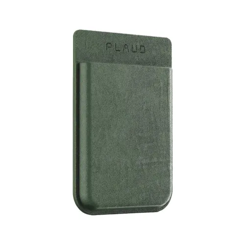 PLAUD NOTE green magnetic case with embossed logo, rounded corners and flat profile, shown from front against white background.