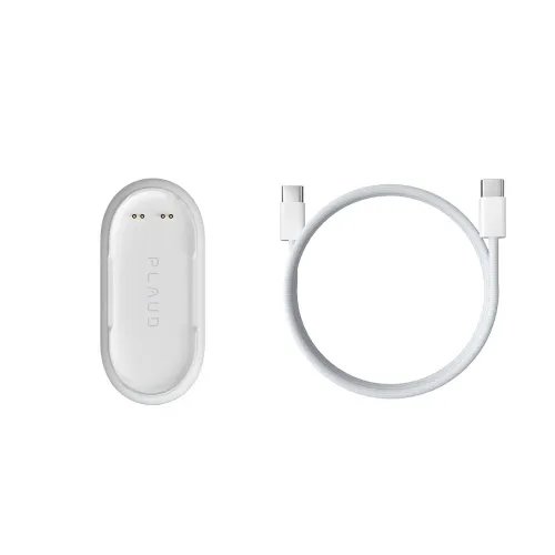 PLAUD NotePin charging kit: white oblong oval dock with connector pin, next to white braided USB-C to USB-C cable laid in a ring.