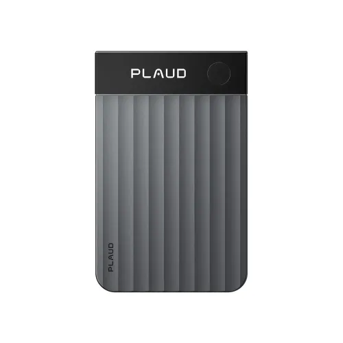 PLAUD Note Pro in black, thin rectangular device with top bar with logo and round button, gray ribbed front and rounded corners.