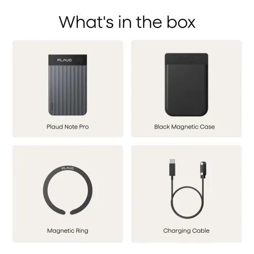 PLAUD Note Pro in black with magnetic case, magnetic ring, and USB-C charging cable