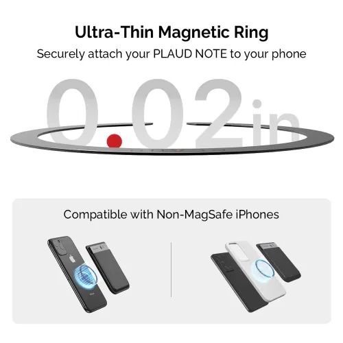 Ultradünner Magnetring in Nahaufnahme; darunter zwei Smartphones, eines schwarz und eines weiß, mit blauem Ringeffekt neben den PLAUD Note Modulen.
