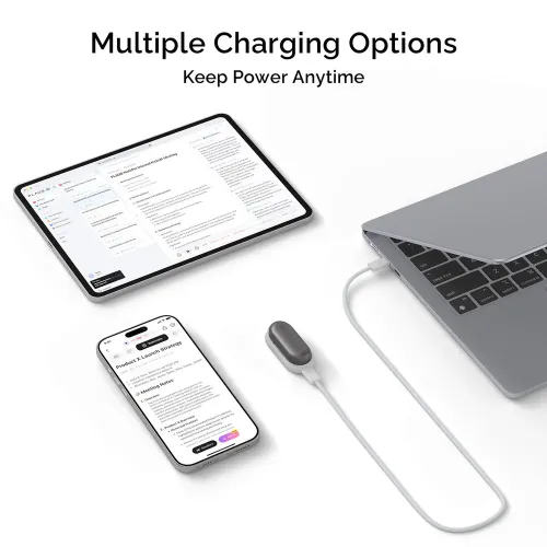 PLAUD NotePin charging kit with USB-C cable shown charging a tablet, smartphone, and laptop