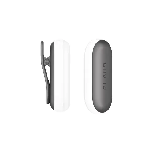 PLAUD NotePin Clip and Magnetic Pin in cosmic gray, shown from front and in profile: pill-shaped body, black clip, PLAUD.