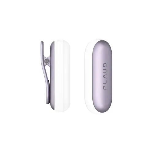 Clip and pin in sunset purple, shown from front and side, pill-shaped front with smooth surface, white back and clip profile.