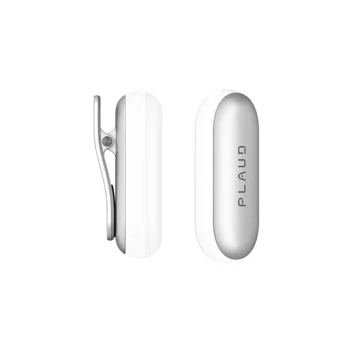 PLAUD NotePin clip and magnetic pin in silver, shown in side and front view, slim oval profile with spring clip and logo.