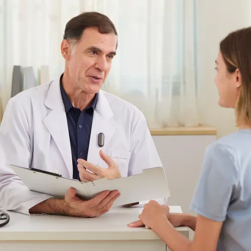 PLAUD NotePin Clip in Cosmic Gray, am Hemd unter einem weißen Mantel befestigt; oval, flaches Profil, mit glatter Vorderseite ohne Anschlüsse auf der Brust.