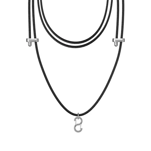 Black lanyard with braided round strap, two side metal adjusters and a centered silver S-shaped hook at the bottom.