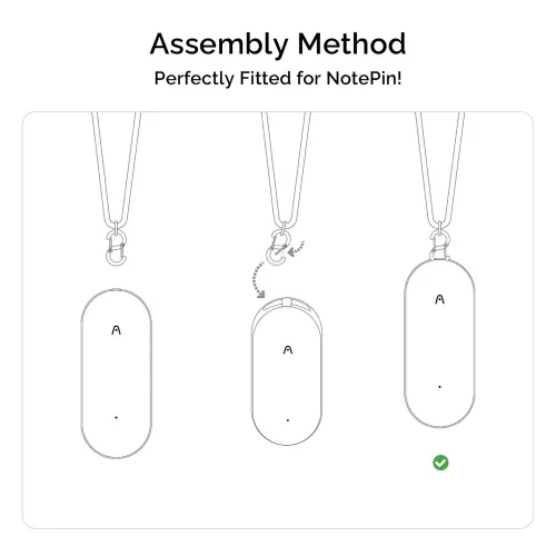 PLAUD NotePin lanyard assembly diagram showing the secure hook attaching to the NotePin device