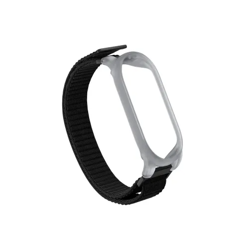 Black nylon bracelet with ribbed strap and light gray, oblong holding frame; shown at an angle with adjustable loop and plastic buckle.