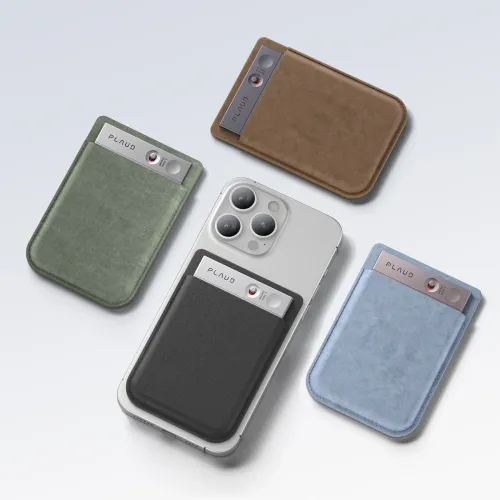 PLAUD magnetic case set in black, green, brown and light blue, with one case attached to a smartphone