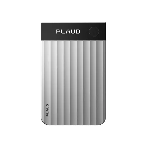 PLAUD Note Pro in silver, thin rectangle with rounded corners, ribbed front and black top strip with PLAUD logo and circle button.