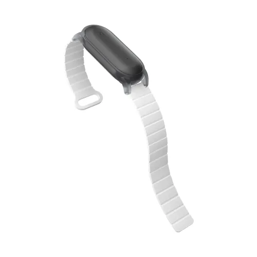 Enregistreur vocal IA portable PLAUD NotePin avec bracelet blanc segmenté sur fond blanc en studio
