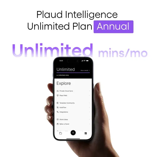 Grafik zum jährlichen PLAUD Unlimited Plan-Abonnement mit Smartphone, das den Bildschirm mit unbegrenzten Minuten in der App zeigt