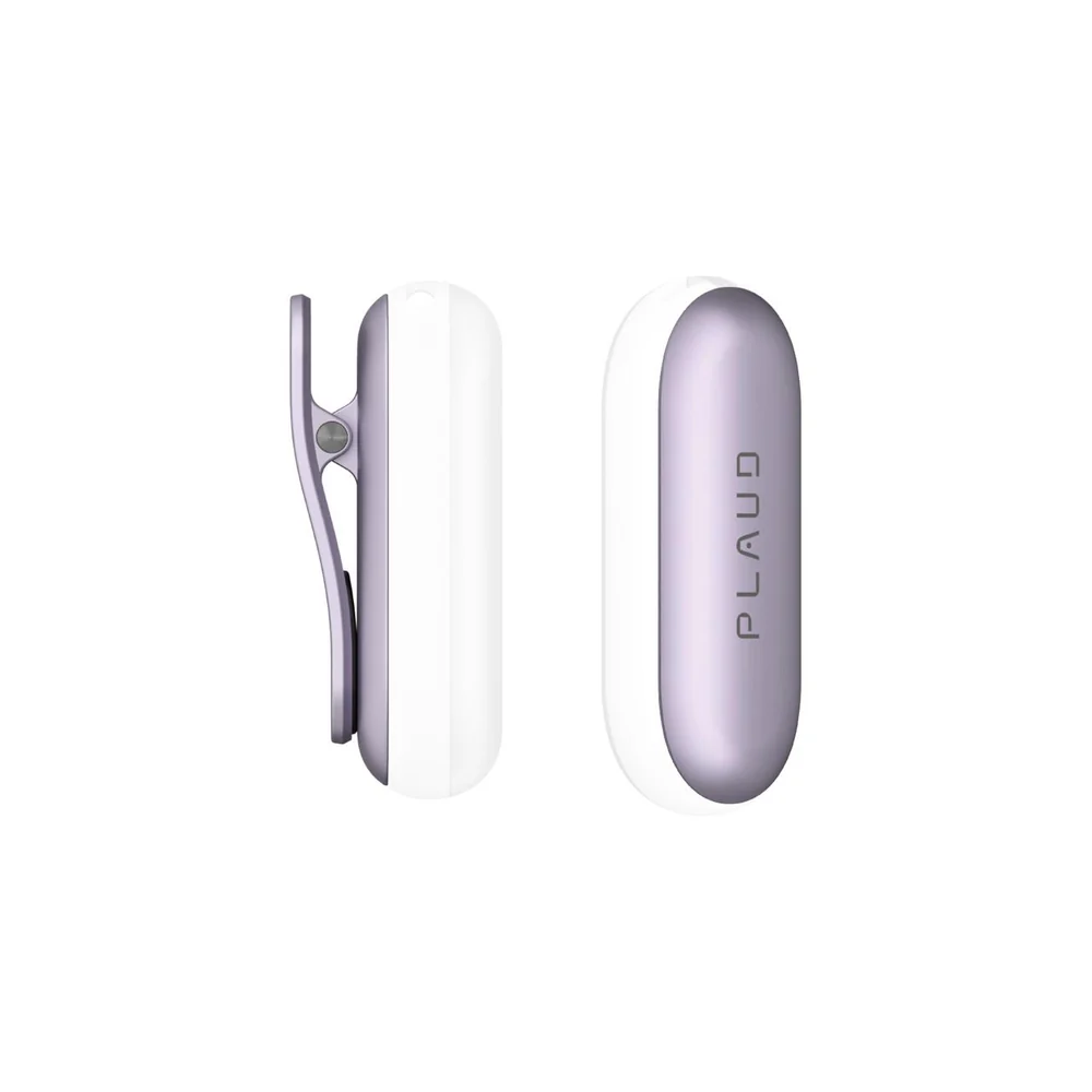 Klämma och stift i solnedgångslila, visade framifrån och från sidan, pillformad front med slät yta, vit baksida och klämprofil.